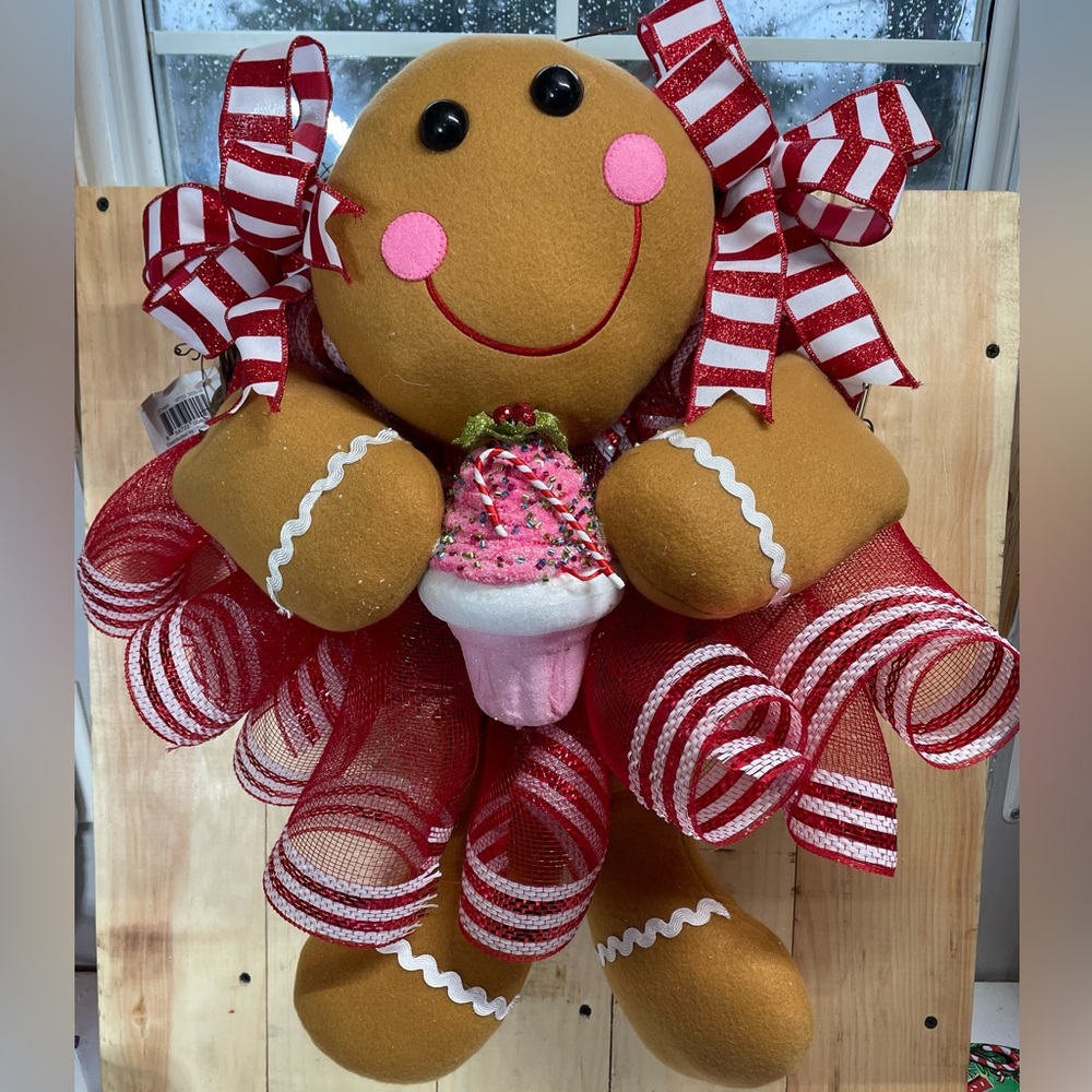 Gingerbread Plush with Red and White Ribbon